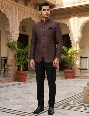 Wine & black soft sequence jacquard jodhpuri for men | premium designer bandhgala ethnic wear 2