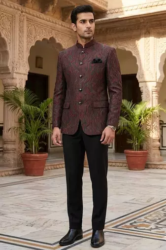 Wine & black soft sequence jacquard jodhpuri for men | premium designer bandhgala ethnic wear