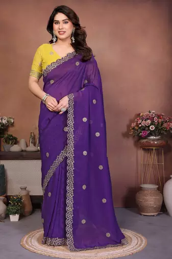 Purple crunchy silk embroidery work saree with contrast blouse piece