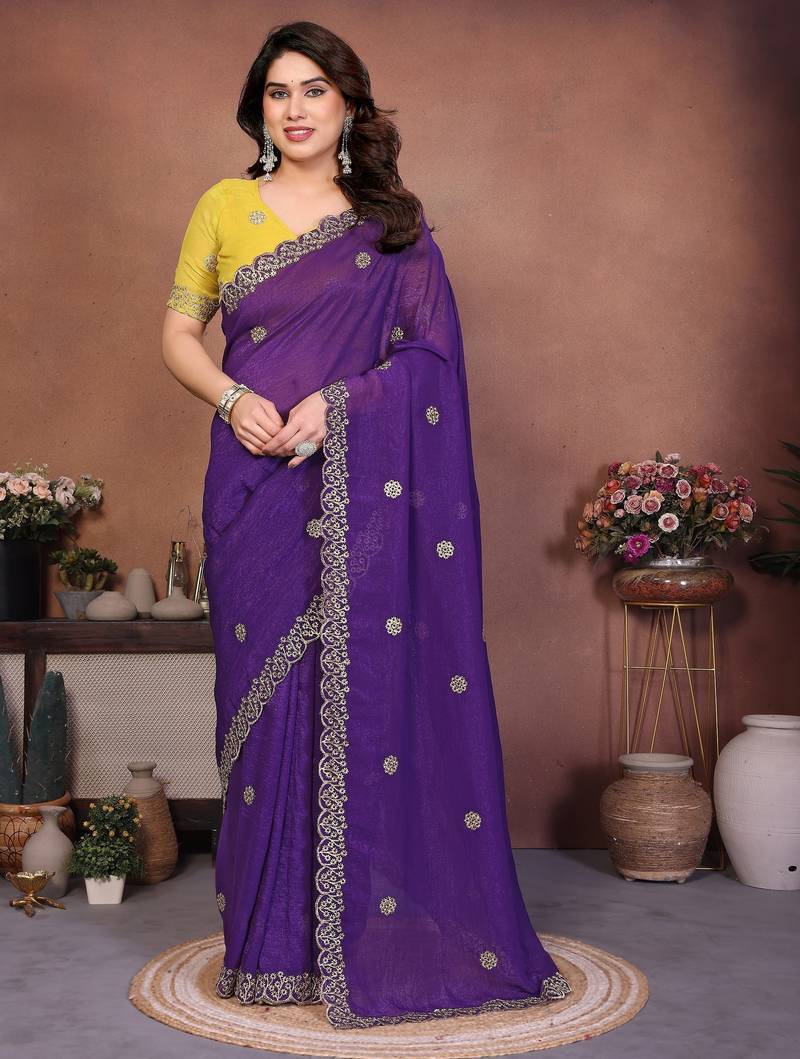 Purple crunchy silk embroidery work saree with contrast blouse piece