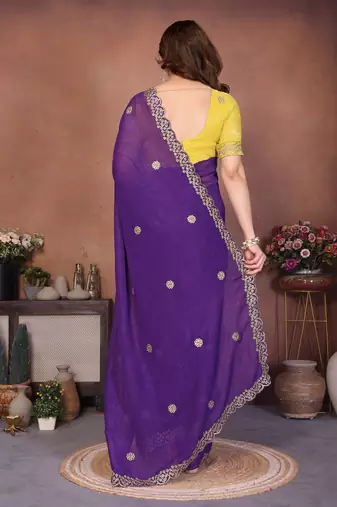 Purple crunchy silk embroidery work saree with contrast blouse piece