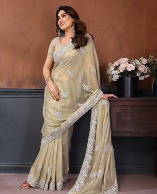 yellow embroidery georgette saree with blouse 3