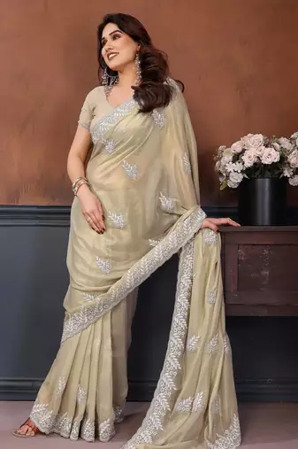 yellow embroidery georgette saree with blouse