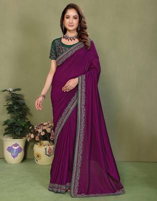 Purple vichitra silk embroiderd border work saree with contrast blouse piece 1