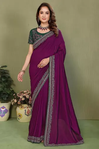 Purple vichitra silk embroiderd border work saree with contrast blouse piece