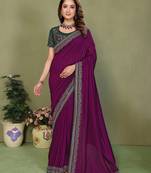 Purple vichitra silk embroiderd border work saree with contrast blouse piece