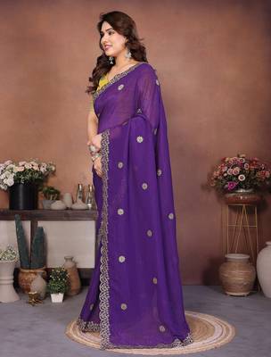 Purple crunchy silk embroidery work saree with contrast blouse piece 3