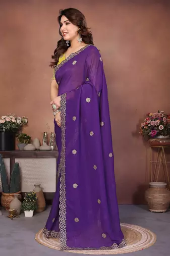 Purple crunchy silk embroidery work saree with contrast blouse piece