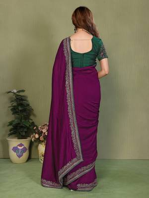 Purple vichitra silk embroiderd border work saree with contrast blouse piece 2