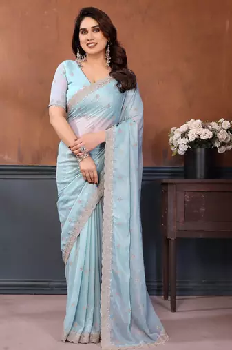 Blue georgette embroidery work saree with matching blouse piece
