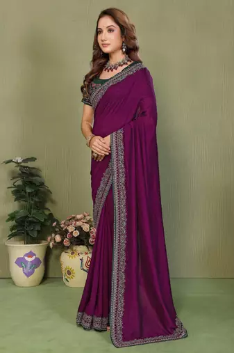 Purple vichitra silk embroiderd border work saree with contrast blouse piece