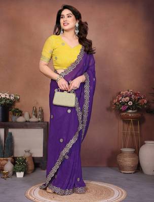Purple crunchy silk embroidery work saree with contrast blouse piece 4