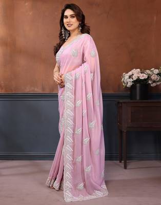 pink georgette saree with resham embroidery design 2