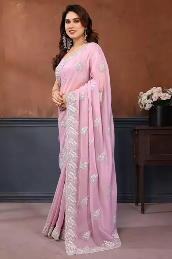 pink georgette saree with resham embroidery design