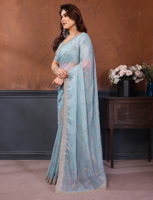 Blue georgette embroidery work saree with matching blouse piece 2