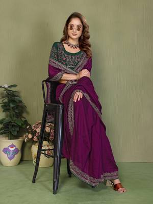 Purple vichitra silk embroiderd border work saree with contrast blouse piece 4