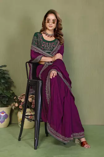 Purple vichitra silk embroiderd border work saree with contrast blouse piece
