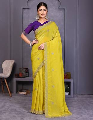 Yellow crunchy silk embroidery work saree with contrast blouse piece 1