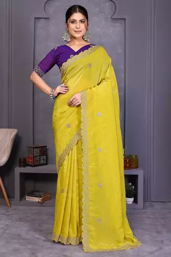 Yellow crunchy silk embroidery work saree with contrast blouse piece