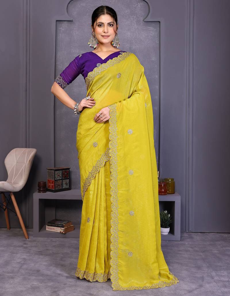 Yellow crunchy silk embroidery work saree with contrast blouse piece