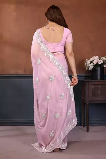 pink georgette saree with resham embroidery design
