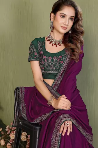 Purple vichitra silk embroiderd border work saree with contrast blouse piece