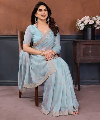 Blue georgette embroidery work saree with matching blouse piece 3