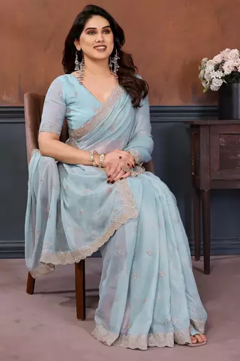 Blue georgette embroidery work saree with matching blouse piece