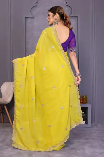 Yellow crunchy silk embroidery work saree with contrast blouse piece