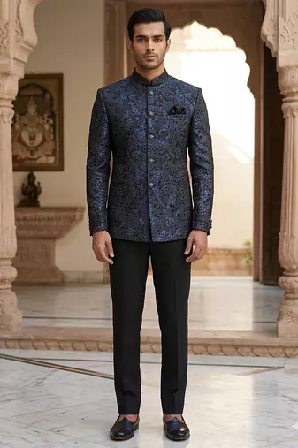 Sequence flowral black and blue color  jodhpuri for men | premium designer bandhgala ethnic wear