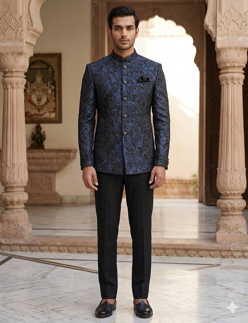 Sequence flowral black and blue color  jodhpuri for men | premium designer bandhgala ethnic wear