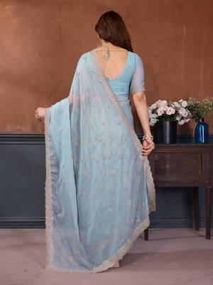 Blue georgette embroidery work saree with matching blouse piece 4