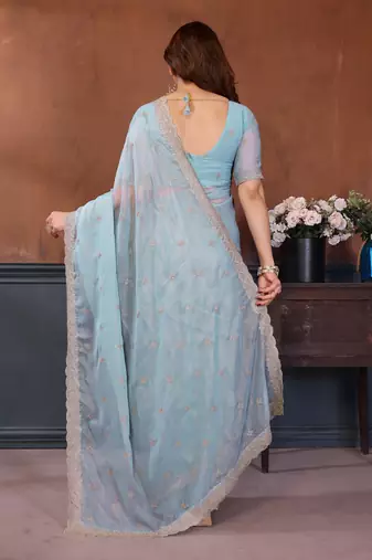 Blue georgette embroidery work saree with matching blouse piece