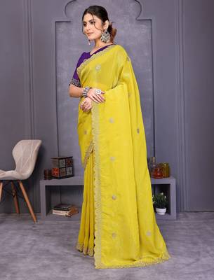 Yellow crunchy silk embroidery work saree with contrast blouse piece 3