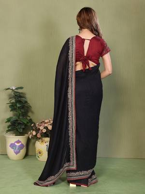 Black vichitra silk embroiderd border work saree with contrast blouse piece 2