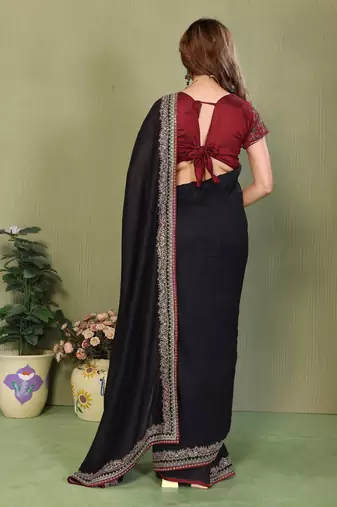 Black vichitra silk embroiderd border work saree with contrast blouse piece