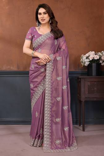 Lavender georgette embroidery coding work saree with matching blouse piece