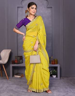 Yellow crunchy silk embroidery work saree with contrast blouse piece 4