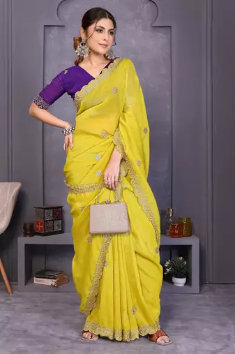 Yellow crunchy silk embroidery work saree with contrast blouse piece