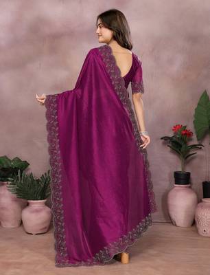 Magenta lycra swarovkshi work saree with matching blouse piece 2