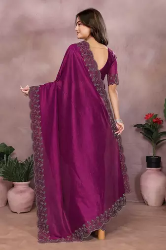 Magenta lycra swarovkshi work saree with matching blouse piece