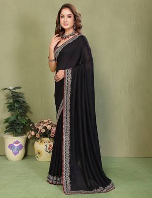 Black vichitra silk embroiderd border work saree with contrast blouse piece 3