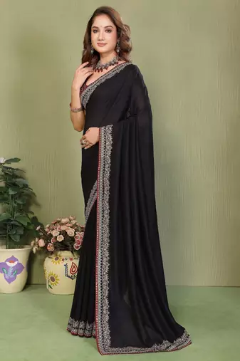 Black vichitra silk embroiderd border work saree with contrast blouse piece