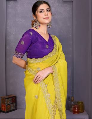 Yellow crunchy silk embroidery work saree with contrast blouse piece 5