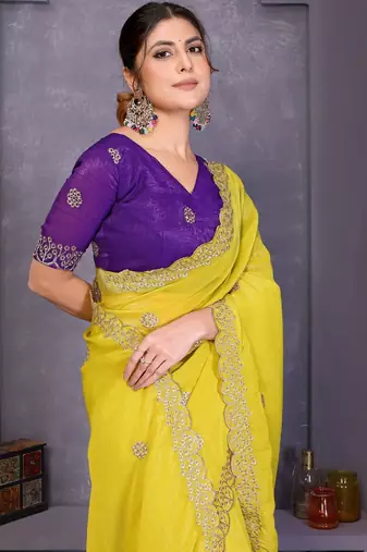 Yellow crunchy silk embroidery work saree with contrast blouse piece