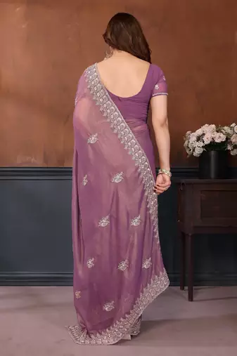 Lavender georgette embroidery coding work saree with matching blouse piece