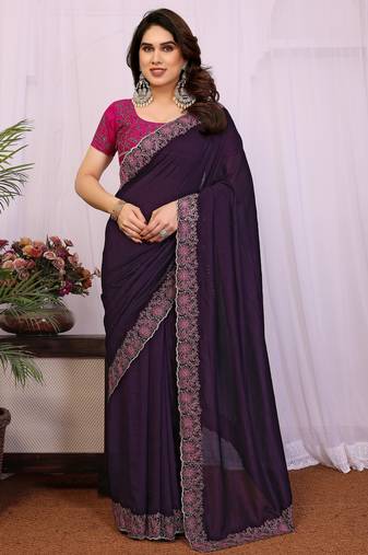 Purple vichitra silk embroidery work saree with contrast blouse piece