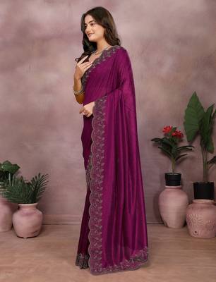 Magenta lycra swarovkshi work saree with matching blouse piece 3