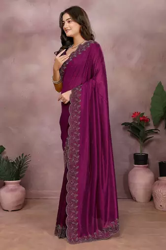 Magenta lycra swarovkshi work saree with matching blouse piece