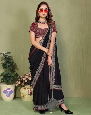 Black vichitra silk embroiderd border work saree with contrast blouse piece 4